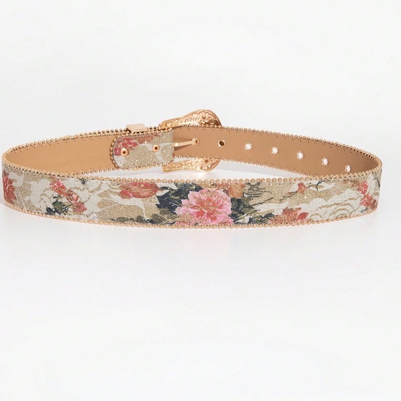 Western Floral Embroidered Rhinestone Gold Tone Buckle Belt - Picture 4 of 5